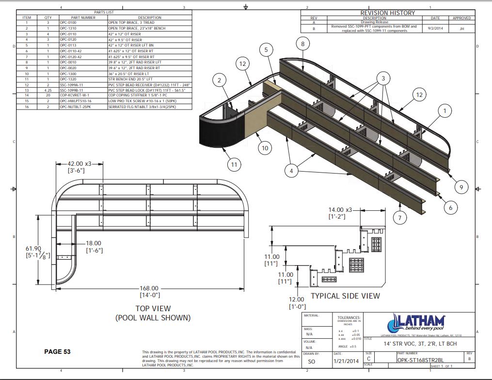 14' Straight Step Polymer 2'R 3-Tread w/ Left Bench